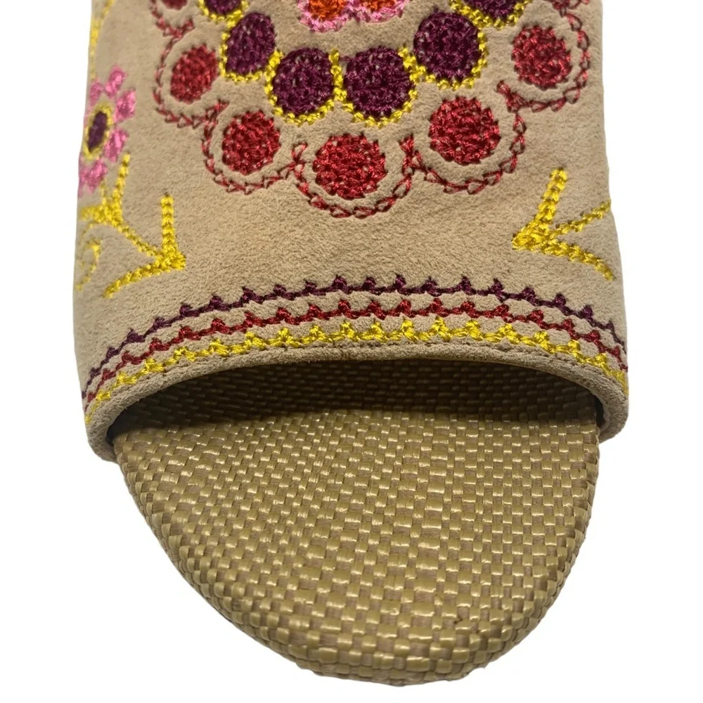 Sam Edelman Beige Boho Embroidered Floral Block Heel Mules Peep Toe “Olive” - Picture 11 of 15